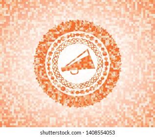 megaphone icon inside orange tile background illustration. Square geometric mosaic seamless pattern with emblem inside.