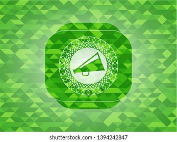 megaphone icon inside realistic green mosaic emblem