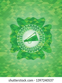 megaphone icon inside realistic green mosaic emblem