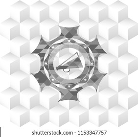 megaphone icon inside realistic grey emblem with geometric cube white background
