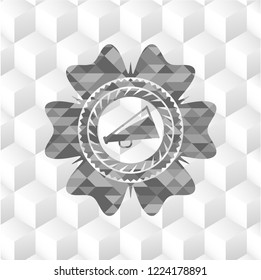 megaphone icon inside realistic grey emblem with geometric cube white background