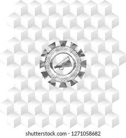 megaphone icon inside realistic grey emblem with geometric cube white background