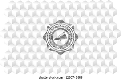megaphone icon inside realistic grey emblem with cube white background