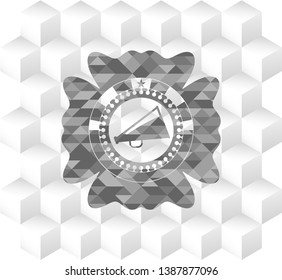 megaphone icon inside realistic grey emblem with geometric cube white background