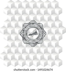 megaphone icon inside realistic grey emblem with geometric cube white background