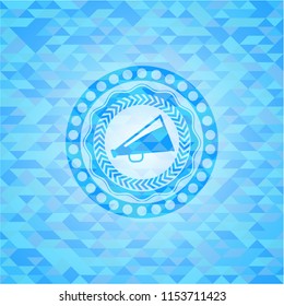 megaphone icon inside realistic light blue mosaic emblem