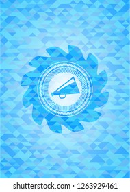 megaphone icon inside realistic light blue emblem. Mosaic background