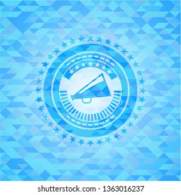 megaphone icon inside realistic light blue mosaic emblem