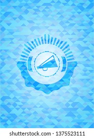 megaphone icon inside realistic light blue emblem. Mosaic background