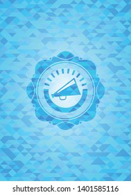 megaphone icon inside realistic sky blue mosaic emblem