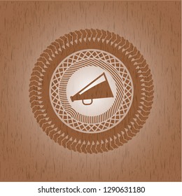 megaphone icon inside realistic wood emblem