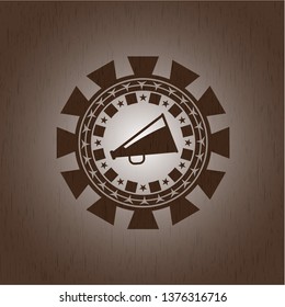 megaphone icon inside realistic wooden emblem