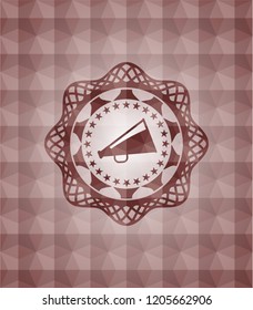 megaphone icon inside red emblem with geometric pattern background. Seamless.