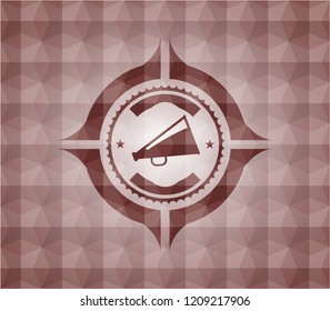 megaphone icon inside red emblem or badge with abstract geometric polygonal pattern background. Seamless.