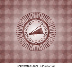 megaphone icon inside red emblem with geometric pattern. Seamless.