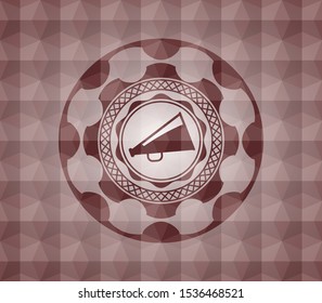 megaphone icon inside red emblem with geometric background. Seamless.
