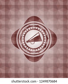 megaphone icon inside red seamless emblem with geometric pattern.