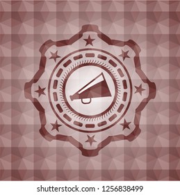 megaphone icon inside red seamless geometric pattern emblem. Seamless.