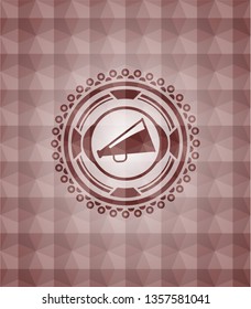 megaphone icon inside red seamless emblem or badge with abstract geometric pattern background.
