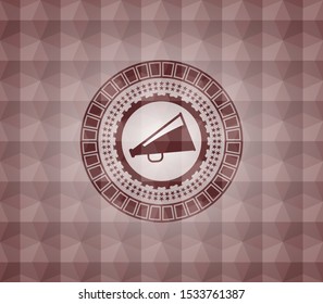 megaphone icon inside red seamless emblem or badge with abstract geometric polygonal pattern background.
