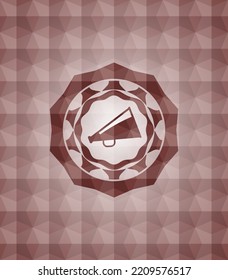 megaphone icon inside red seamless geometric emblem. 