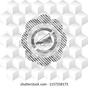  megaphone icon inside retro style grey emblem with geometric cube white background