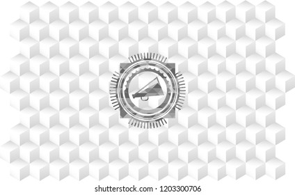 megaphone icon inside retro style grey emblem with geometric cube white background