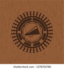 megaphone icon inside retro style wooden emblem