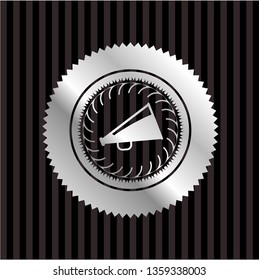 megaphone icon inside silver shiny badge