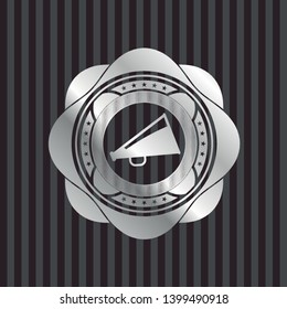 megaphone icon inside silvery badge or emblem