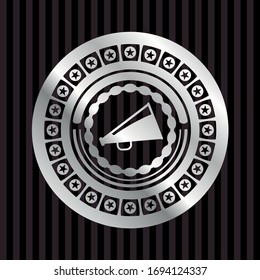 megaphone icon inside silvery shiny emblem
