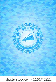 megaphone icon inside sky blue emblem with triangle mosaic background
