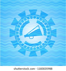megaphone icon inside sky blue water wave emblem background.