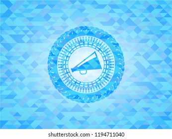 megaphone icon inside sky blue emblem with triangle mosaic background