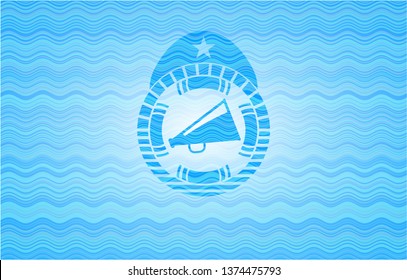 megaphone icon inside sky blue water wave style emblem.