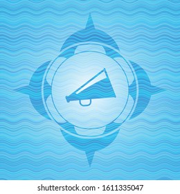 megaphone icon inside water style emblem.