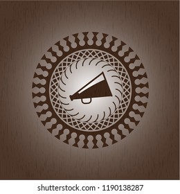 megaphone icon inside wood emblem. Retro