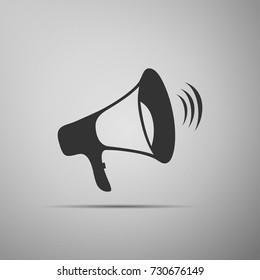 Megaphone icon isolated on grey background. Flat design. Vector Illustration