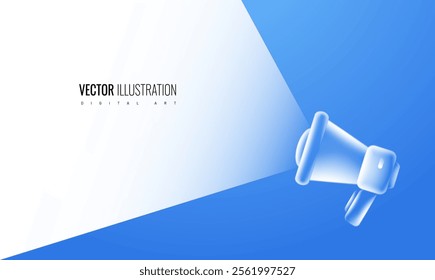 Megaphone icon light blue background, banner for marketing and notification, vector holographic icon