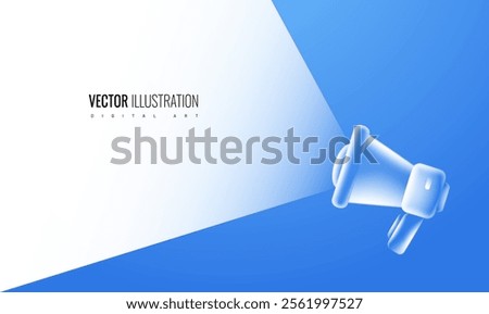Megaphone icon light blue background, banner for marketing and notification, vector holographic icon