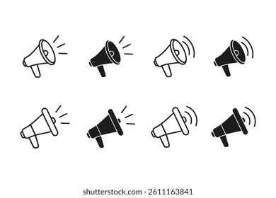 Megaphone icon. Loudspeaker vector set. Bullhorn sign. Isolated loudspeaker signs. Advertising message. Marketing announcement sale. Megaphone vector sign set.