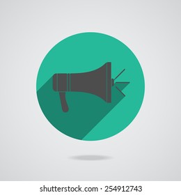 Megaphone icon. Loudspeaker web element button. Green background. Vector illustration