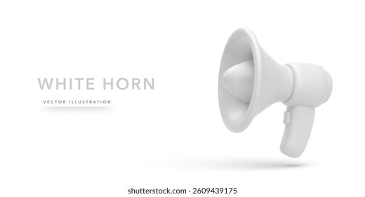 Megaphone Icon In Minimal 3D Style With Soft White Color. Loudspeaker Symbol For Announcement, Marketing, Or Alert Concepts. Clean And Modern Design. Vector Illustration.