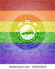 megaphone icon on mosaic background with the colors of the LGBT flag