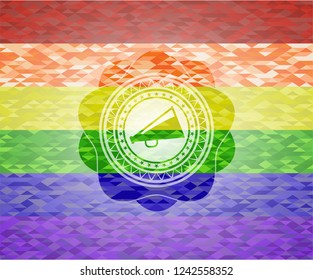 megaphone icon on mosaic background with the colors of the LGBT flag