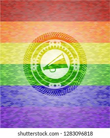 megaphone icon on mosaic background with the colors of the LGBT flag