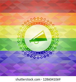 megaphone icon on mosaic background with the colors of the LGBT flag