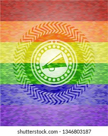 megaphone icon on mosaic background with the colors of the LGBT flag