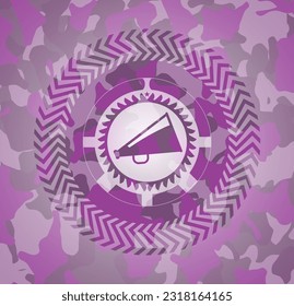 megaphone icon on pink camouflaged pattern. 