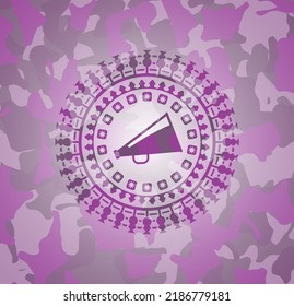 megaphone icon on pink and purple camo texture. 